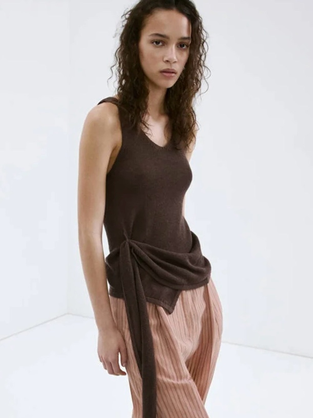 MANGO Asymmetric Knitted Drape Sash Knit Brown V Neck Top Size Small